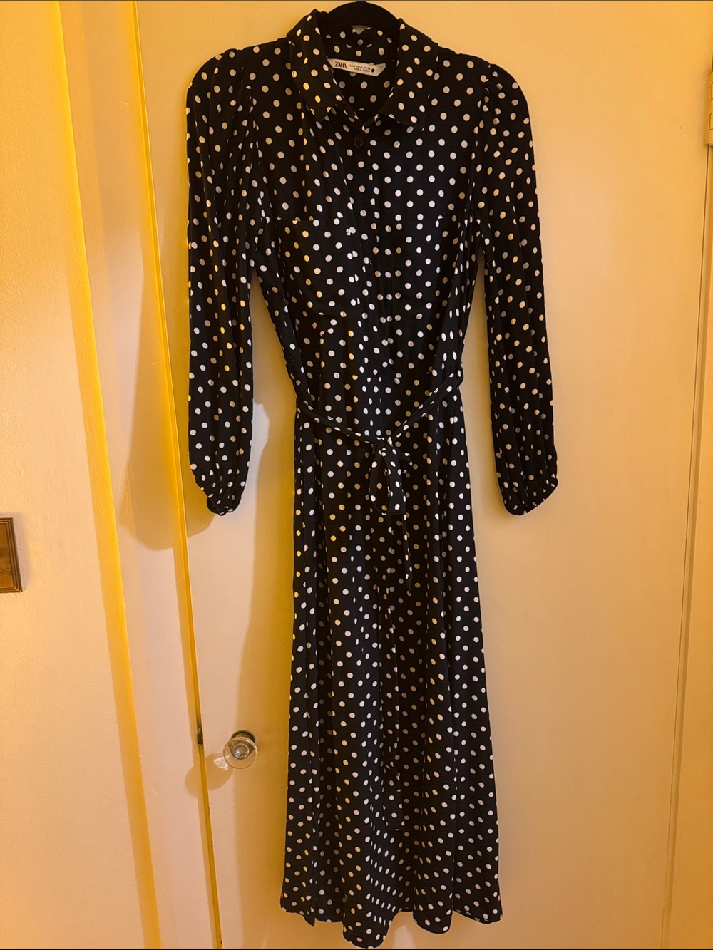 Black and off white Polka Dot Long Sleeve Shirt Dress